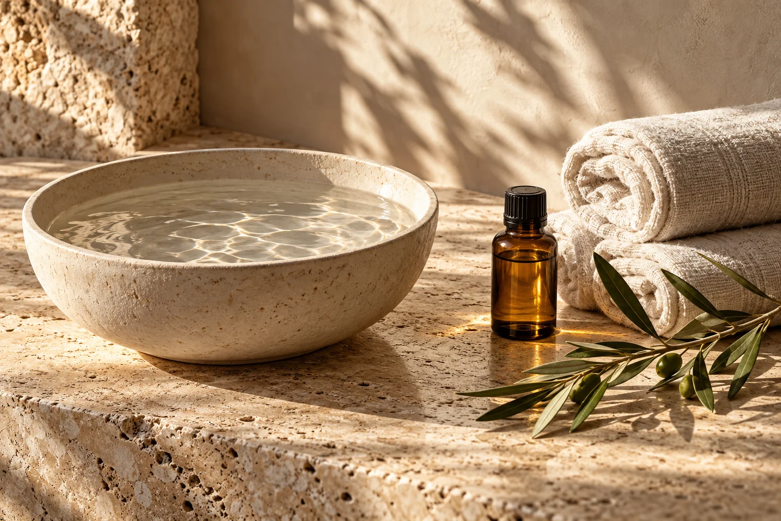 Warm sunlight on a ceramic bowl, facial oil and folded linen; AI-generated concept