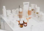 A close-up of skincare products displayed in the studio
